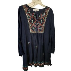 3505) A&A Navy Blue Embroidery Boho Peasant Tassel Tunic Blouse Size XL